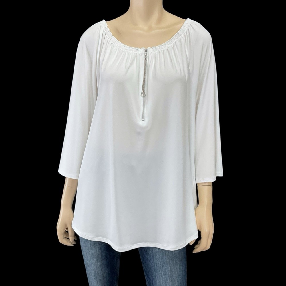 Chicos Top Women 2‎ (US Large) White 3/4 Sleeve Stretchy 1/4 Zip